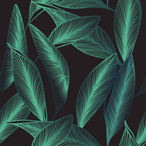 Luxury botanical seamless pattern with banana leaves Luxury botanical seamless pattern with banana leaves. Linear branches on black background. Shiny banana leaf with veins jungle leaf pattern stock illustrations