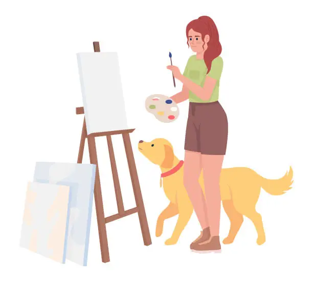 Vector illustration of Inspired girl with golden retriever painting on easel semi flat color vector character