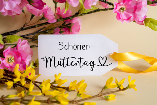 Spring Flower Arrangement With White Label With German Text Schoenen Muttertag Means Happy Mothers Day. Colorful Flower Branch Decoration With Yellow And Purple Blossoms.