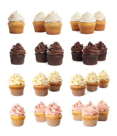 Set of colorful birthday cupcakes on white background
