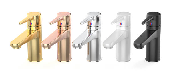 Five bathroom faucets with different colors and materials on white background