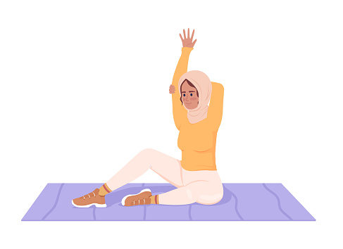Woman doing upper-body stretches on mat semi flat color vector character. Editable figure. Full body person on white. Simple cartoon style illustration for web graphic design and animation