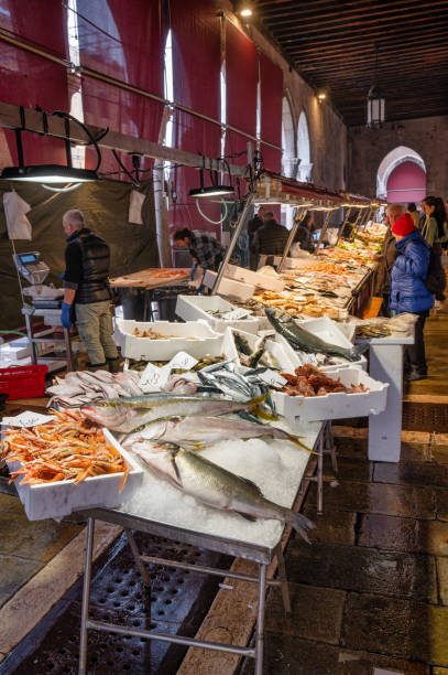 Venice, Italy- Feb 22, 2023: The Rialto Fish Market in Venice, Italy