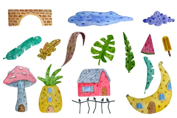 Vector illustration of watercolor hand drawn tropical and forest houses