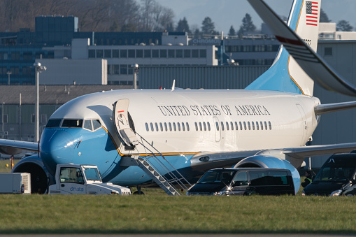 Zurich, Switzerland, January 19, 2023 United States government Boeing C-40 aircraft is parking on the apron during the world economic forum in Davos