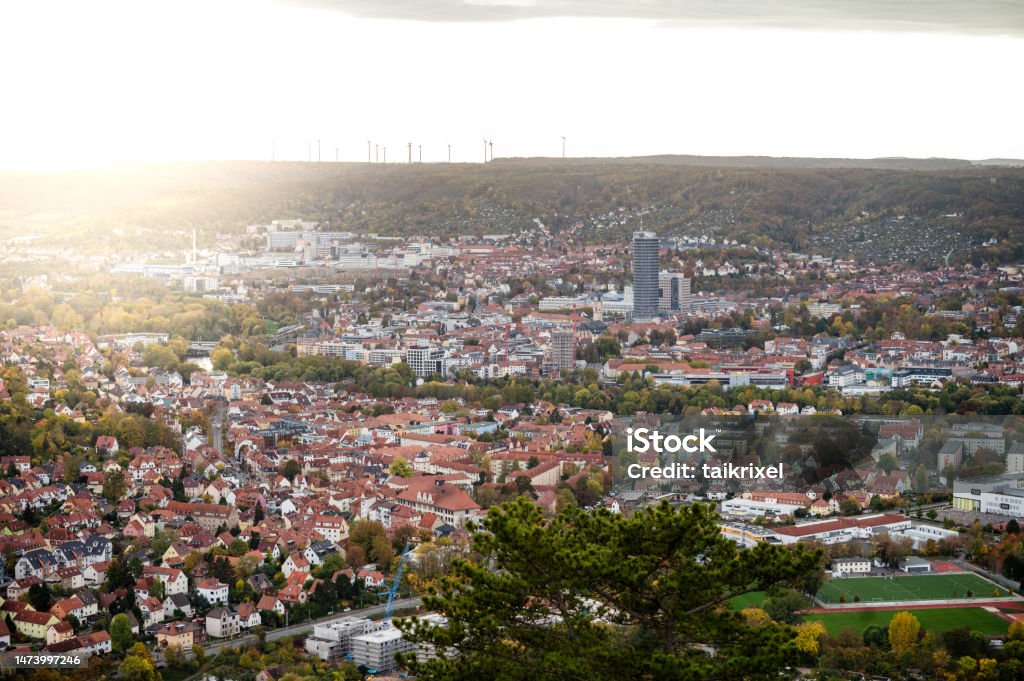 Panoramic view of Jena Panoramic view of the city of Jena in autumn. Ancient Stock Photo