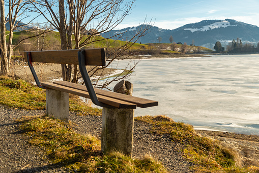 Einsiedeln area, Canton Schwyz, Switzerland, February 20, 2023 Empty bench at the coast of the frozen lake Sihlsee on a sunny day