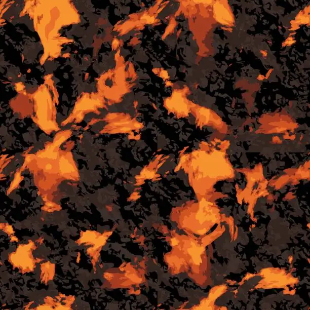 Vector illustration of Molten lava pattern. Hot magma flow, red on black rock stone . Volcano lava, fire burning volcanic design. Seismo catastrophe background.  Vector illustration