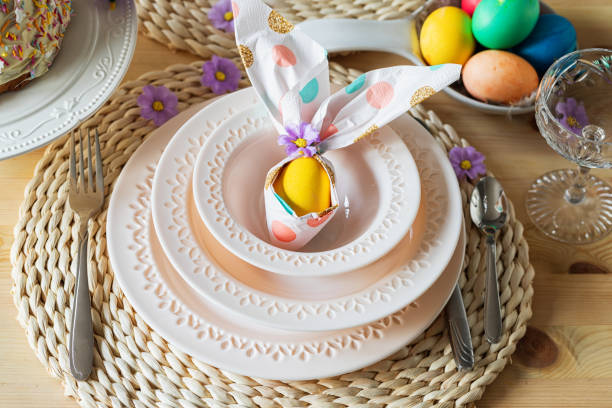 Colorful Easter Dining Table From Above stock photo