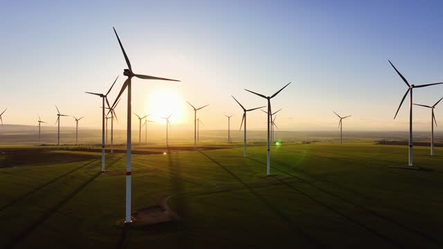 Aerial view of wind turbines in evening light