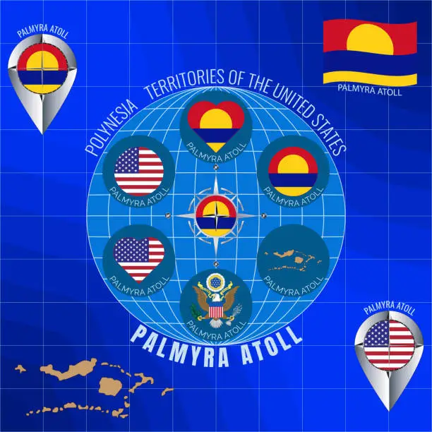 Vector illustration of Set of illustrations of PALMYRA ATOLL flag, contour map, icons. US territory. Travel concept.