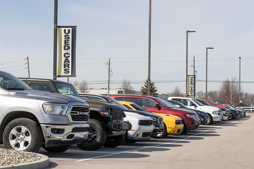 Indianapolis - Circa March 2023: Used car display at a dealership. With supply issues, used and preowned cars are in high demand.