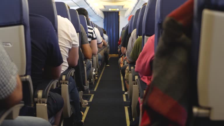 Passengers sits inside airplane