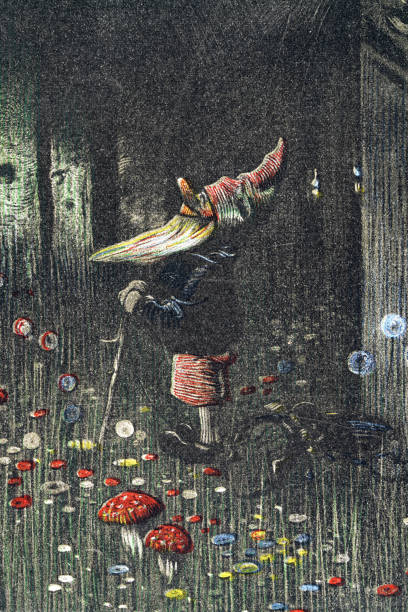 Vintage illustration, Bearded Gnome standing amounst toadstolls, Mythology, fairytale, Jugendstil Art Nouveau