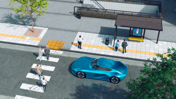 istock Driverless car stops before a zebra crossing and waits 1474006289
