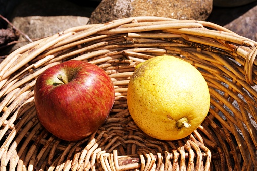 A close-up of a red apple fruit and yellow lemon citrus in woven basket.