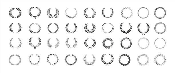 Laurel wreath vectro icons. Set of black and white silhouette circular laurel foliate and oak wreaths depicting an award, achievement, heraldry, nobility. Vector illustration. laureat stock illustrations