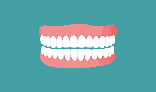 Denture icon. Icon gums with teeth or dentures. Dental prosthesis, tooth orthopedics sign, teeth image, icon dental. Vector illustration.