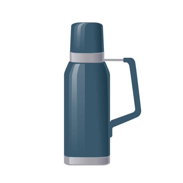 istock Stainless steel thermos with cup and handle vector illustration on white background 1474008888