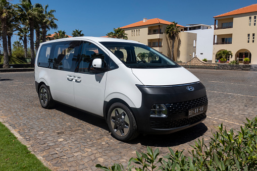 Santa Maria, Cape Verde - 9th March, 2023: Hyundai Staria on a public parking. The Hyundai Staria is a 5-door van and minivan manufactured since 2021. It was introduced as the successor to the Starex.