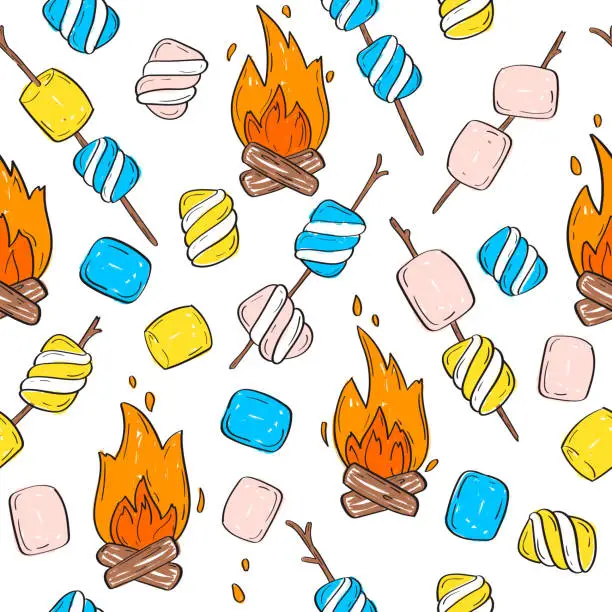 Vector illustration of Seamless fried marshmallow pattern. Hand drawn sweet food background.