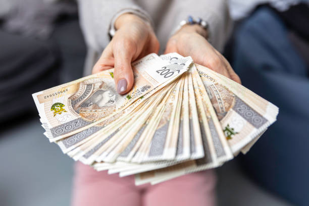 Polish money, zlotys A woman holds banknotes Polish money, zlotys. Counting money. polish zloty stock pictures, royalty-free photos & images