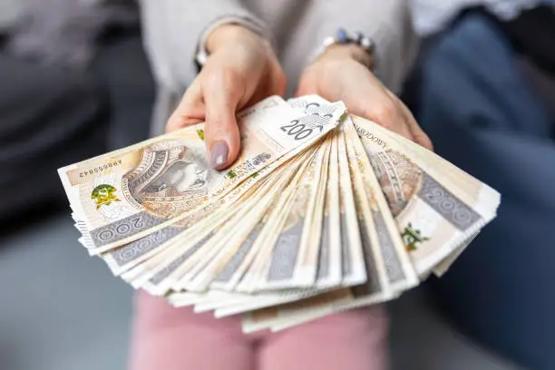 A woman holds banknotes Polish money, zlotys. Counting money.