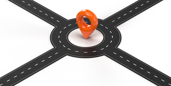 Progress concept: Navigational destination marker on 3D highway design illustration. Business journey way on white background with copy space and clipping path for easy edit. Road infographics.