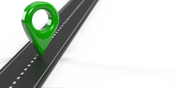 Progress concept: Navigational destination marker on 3D highway design illustration. Business journey way background with copy space and clipping path for easy edit. Road infographics.