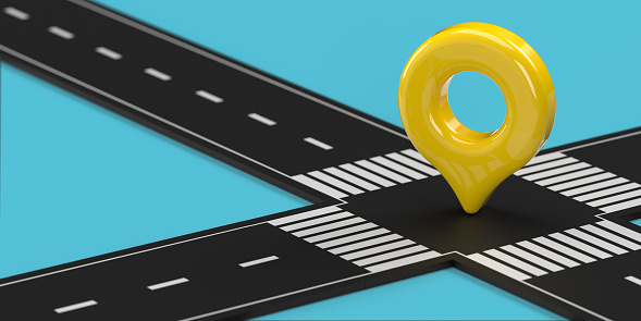 Progress concept: Navigational destination marker on 3D highway design illustration. Business journey way on blue background with copy space and clipping path for easy edit. Road infographics.