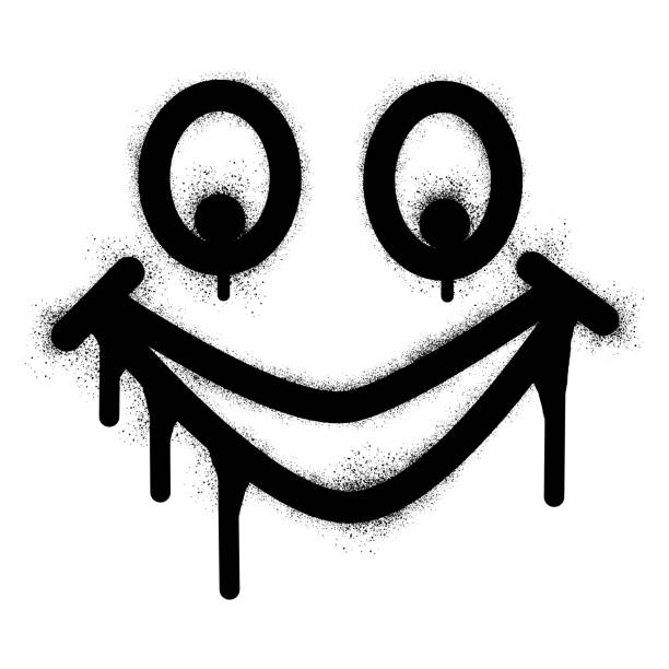 illustrazioni stock, clip art, cartoni animati e icone di tendenza di graffiti di emoticon del viso sorridente con vernice spray nera - blob ink stained spray