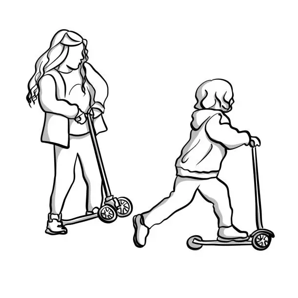 Vector illustration of Sibblings On Scooters Sketch