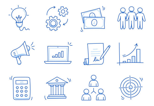 Doodle business icon set. Doodle business, finance, office teamwork concept. Money, calculator, gear element. Hand drawn sketch style vector Doodle business icon set. Doodle business, finance, office teamwork concept. Money, calculator, gear element. Hand drawn sketch style vector illustration funny contract stock illustrations