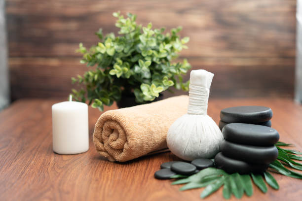 istock Spa accessory composition set in day spa hotel , beauty wellness center 1474030858