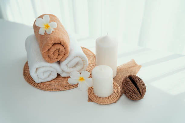 istock Spa accessory composition set in day spa hotel , beauty wellness center 1474030934