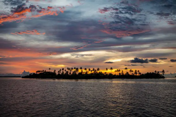 Sunset over the archipelago of the Sanblas islands. Paradise of Panama.