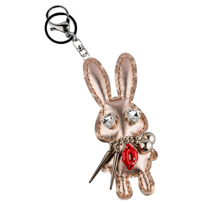 Fashionable and modern soft rabbit keychain isolated on white background.