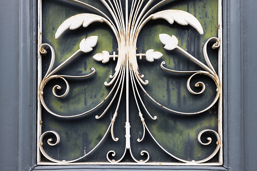 picture of vintage wrought iron ornaments in the panel of an old door