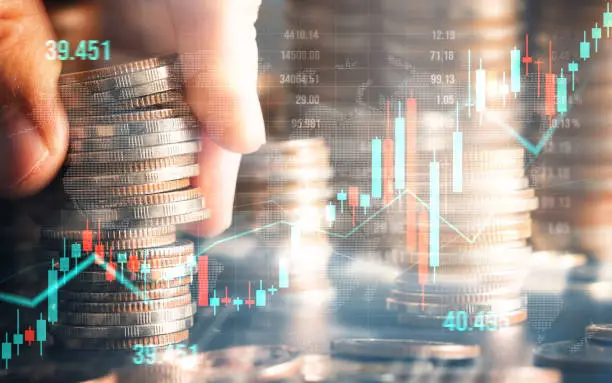 Finance and money technology background concept of business prosperity and asset management . Creative graphic show economy and financial growth by investment in valuable asset to gain wealth profit .