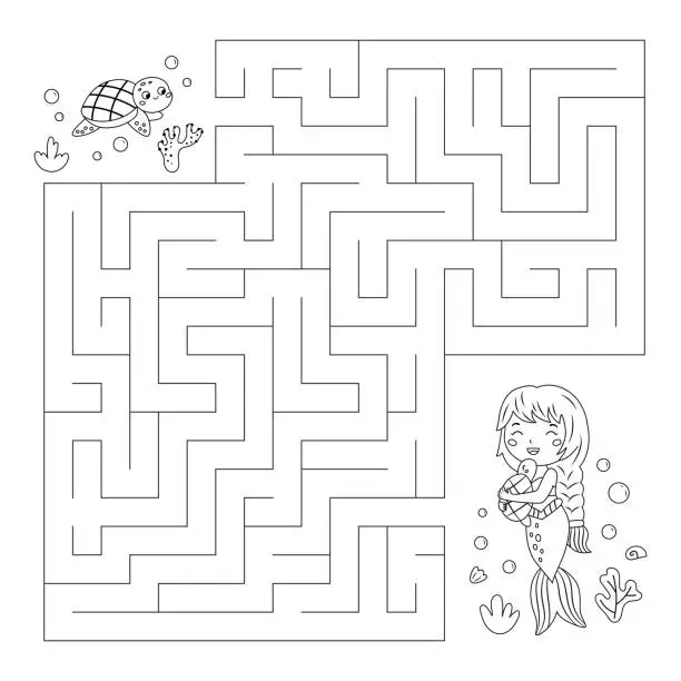 Vector illustration of Coloring page with maze. Labyrinth game. Help the turtle find the way to mermaid.