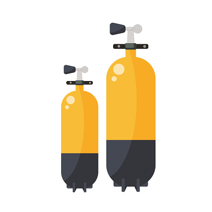 Diving tank cylinders. Scuba divers stuff, equipment for diving vector cartoon illustration