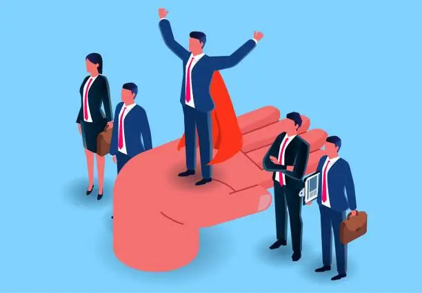 Vector illustration of Support and selection, choosing good employees or guiding businessmen to success, providing help or encouragement to achieve business goals, huge hands to support businessmen wearing capes to success