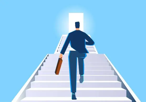 Vector illustration of Challenging success, reaching the gates of success, achieving goals and business objectives, succeeding in business or career, active businessmen running towards the open doors