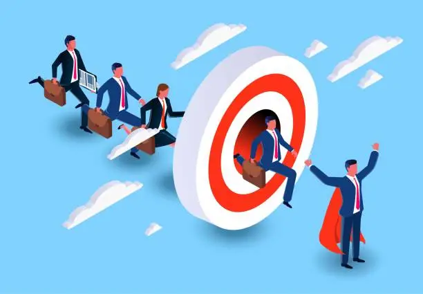 Vector illustration of Reach the goal, career to success, complete growth or achievement, isometric businessmen competing to run through the bullseye to reach the goal