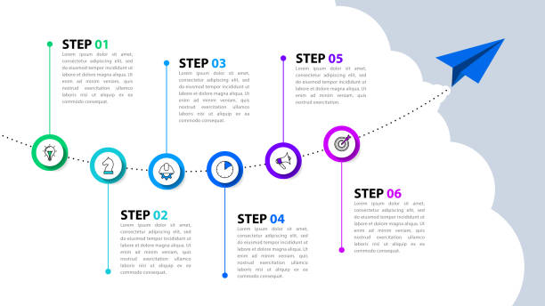 szablon infografiki. papierowa płaszczyzna z osią czasu i 6 krokami - 6th street stock illustrations