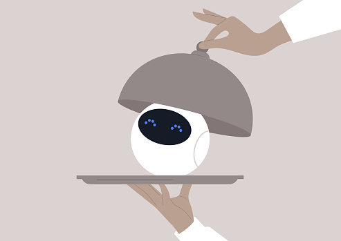 A cute round robot on a tray being revealed from under a cloche by a pair of waiter's hands