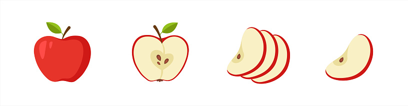 Green apple cartoon set. Cross section of cut apple, slices and whole fruit, isolated vector illustration.
