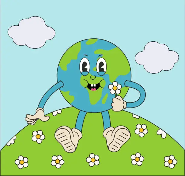 Vector illustration of Retro earth cartoon character. Earth Day. The concept of saving the planet. World Environment Day. Illustration in trendy cool 70s style. Vector funny illustration.