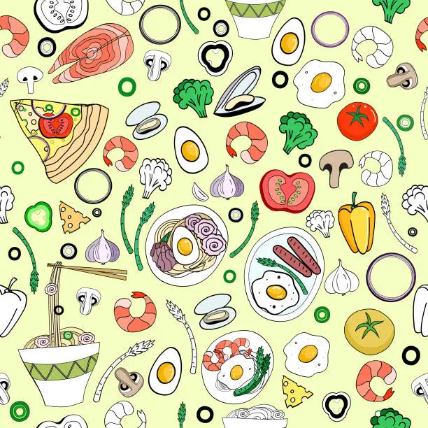Vector illustration of Print with different food. Seafood, vegetables, pizza,fried eggs,  ramen, peppers. Various ingredients. Seamless pattern.