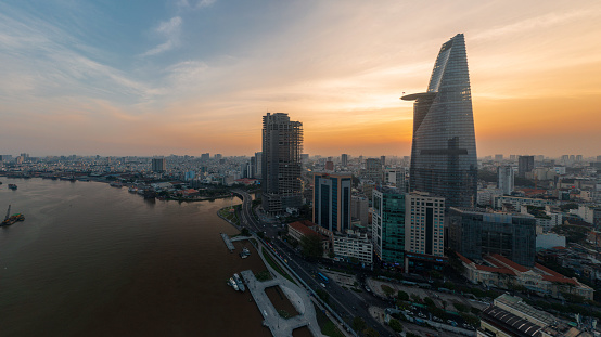 High angle view of Sunset on District 1 by Sai Gon river Ho Chi Minh city in sunset, South Vietnam